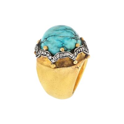 23K YELLOW GOLD DOME TURQUOISE AND DIAMOND COCKTAIL RING