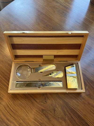 24K Gold Plated Five Piece Desk Set in Wood Presentation Box 1970s Italy