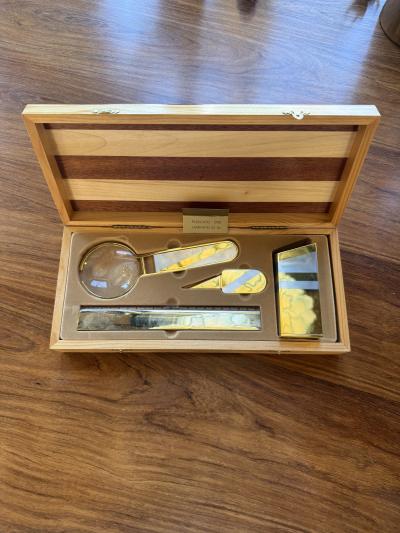 24K Gold Plated Five Piece Desk Set in Wood Presentation Box 1970s Italy