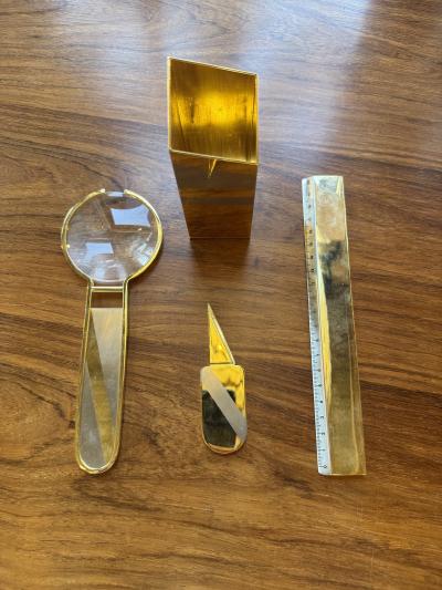 24K Gold Plated Five Piece Desk Set in Wood Presentation Box 1970s Italy