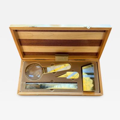 24K Gold Plated Five Piece Desk Set in Wood Presentation Box 1970s Italy