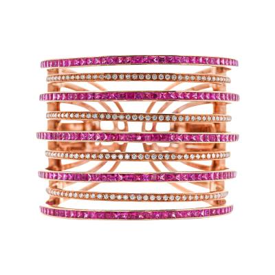 25 Carat Pink Sapphire Diamond 18K Rose Gold Multi Row Cuff Bangle Bracelet