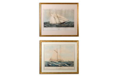 2639 Near Pair of 19th Century Painted Lithographs of Yachts