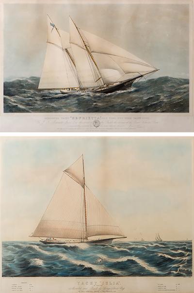 2639 Near Pair of 19th Century Painted Lithographs of Yachts