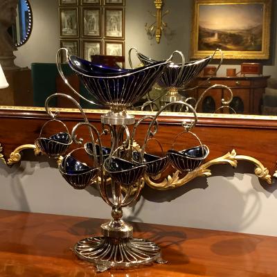 2651 Sheffield Silver Plate Wire and Bristol Glass Epergne Centerpiece