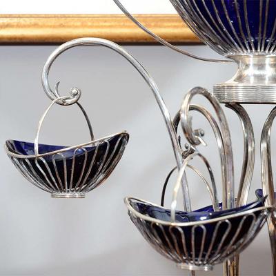 2651 Sheffield Silver Plate Wire and Bristol Glass Epergne Centerpiece