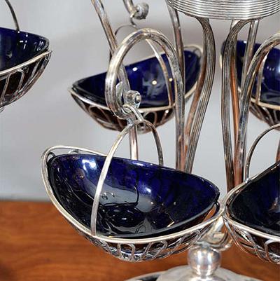 2651 Sheffield Silver Plate Wire and Bristol Glass Epergne Centerpiece