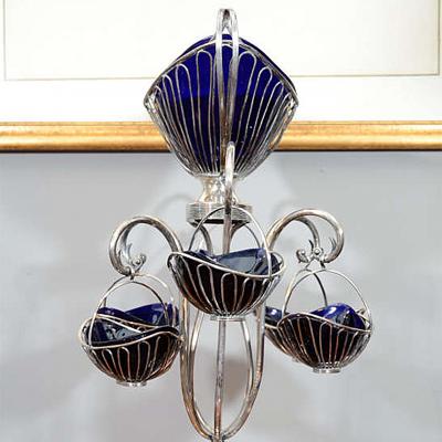 2651 Sheffield Silver Plate Wire and Bristol Glass Epergne Centerpiece