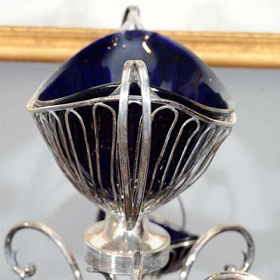 2651 Sheffield Silver Plate Wire and Bristol Glass Epergne Centerpiece