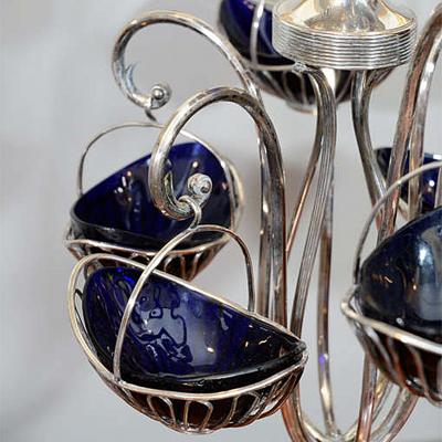 2651 Sheffield Silver Plate Wire and Bristol Glass Epergne Centerpiece