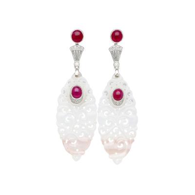 27 48 Carat Carved Grade A Lavender Jade Drop Earrings with Rubies Diamonds