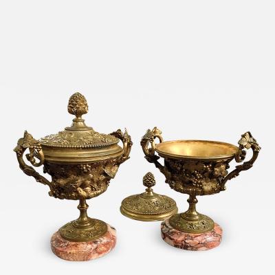 2997 Pair of Decorative Brass Urns and Covers on Marble Bases