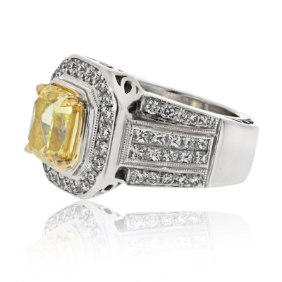 3 20CT FANCY YELLOW INTENSE CUSHION CUT DIAMOND ENGAGEMET RING
