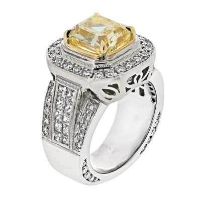 3 20CT FANCY YELLOW INTENSE CUSHION CUT DIAMOND ENGAGEMET RING