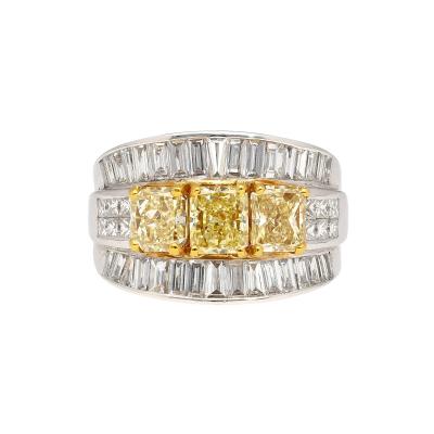 3 28 Carat TW Natural Radiant Cut Fancy Yellow Diamond 3 Stone Ring