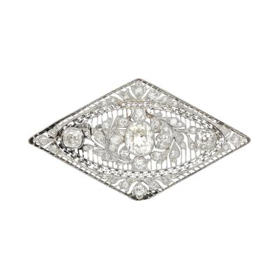 3 5 Carat Old European Cut Art Deco Diamond Brooch in Textured Filigree Platinum