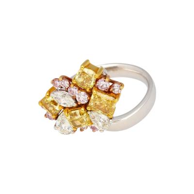 3 Carat Pink Yellow White Multi Cut Diamond Cluster Platinum And 18K Gold Ring