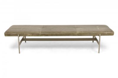 3 Contemporary Sage Green Gray Leather and Metal Rectangular Benches
