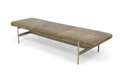 3 Contemporary Sage Green Gray Leather and Metal Rectangular Benches