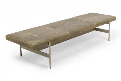 3 Contemporary Sage Green Gray Leather and Metal Rectangular Benches