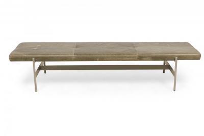 3 Contemporary Sage Green Gray Leather and Metal Rectangular Benches