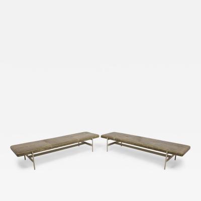 3 Contemporary Sage Green Gray Leather and Metal Rectangular Benches