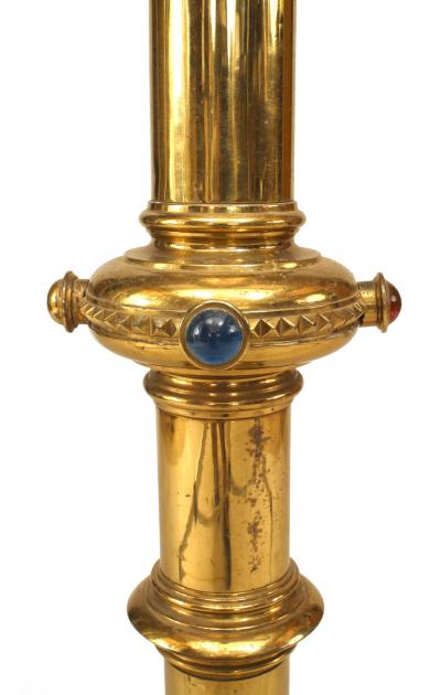 3 English Renaissance Style Brass Jeweled Altar Candlesticks