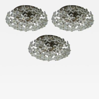 3 Italian Mid Century Modern Murano Glass Crystal Floral Flush Mount Fixtures