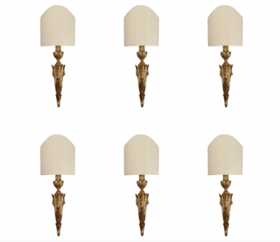 3 Pairs of Italian Neoclassical Giltwood Large Wall Lights with Shades