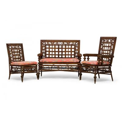 3 Piece American Victorian Braided Wicker Scroll and Lattice Design Seating Set