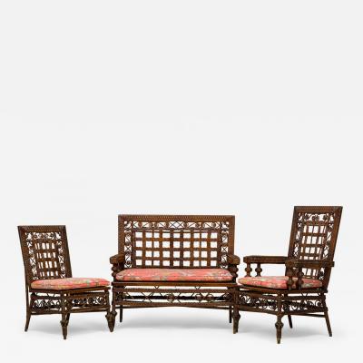 3 Piece American Victorian Braided Wicker Scroll and Lattice Design Seating Set