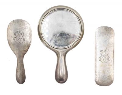 3 Piece American Victorian Hammered Silver Brush and Mirror Set