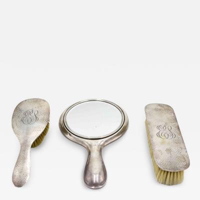 3 Piece American Victorian Hammered Silver Brush and Mirror Set