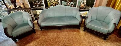 3 Piece Art Deco Sofa Carved Frame