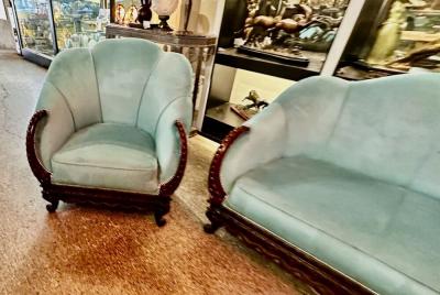 3 Piece Art Deco Sofa Carved Frame