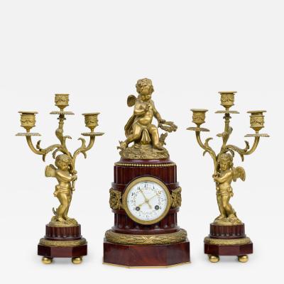 3 Piece French Louis XVI Mahogany Clock Set