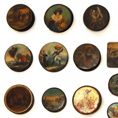3009 Set of 24 Painted Papier Mache and Metal Snuff Boxes