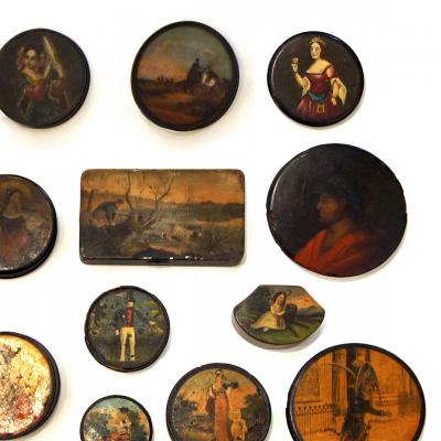 3009 Set of 24 Painted Papier Mache and Metal Snuff Boxes