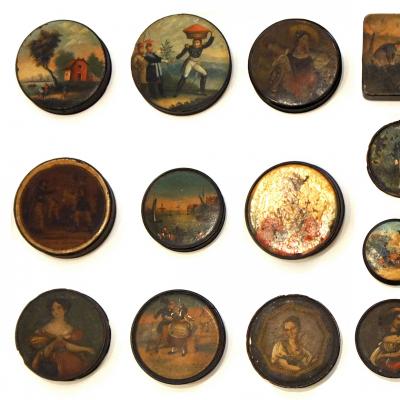 3009 Set of 24 Painted Papier Mache and Metal Snuff Boxes