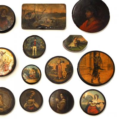 3009 Set of 24 Painted Papier Mache and Metal Snuff Boxes
