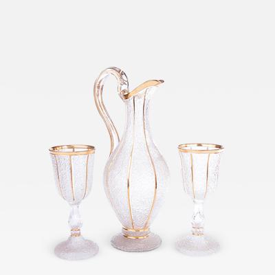 3055 19th Century Frosted Glass Ewer with Matching Pair of Drinking Glasses