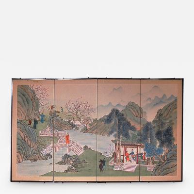 3183 19th Century Four Panel Chinese Screen Landscape with Cherry Blossoms