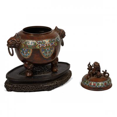 3210 Japanese Meiji Period Bronze and Champlev Enameled Censer