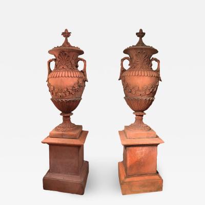 3214 Pair of Early 19th Century Neoclassical Terracotta Urns and Lids