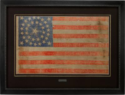 36 STAR PRINTED AMERICAN FLAG RARE HALOED STAR MEDALLION CIRCA 1865