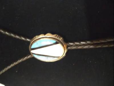 38 Leather Sterling Navajo Bolo Tie w turquoise Abalone Medallion