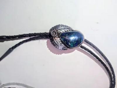 38 Leather and Sterling Silver Native American Bolo Tie w Blue Opal Medalli