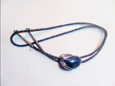 38 Leather and Sterling Silver Native American Bolo Tie w Blue Opal Medalli