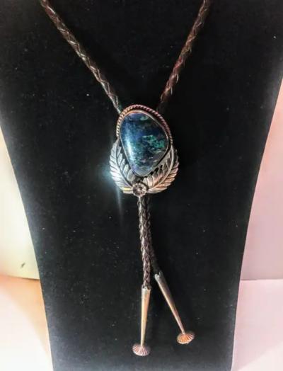 38 Leather and Sterling Silver Native American Bolo Tie w Blue Opal Medalli