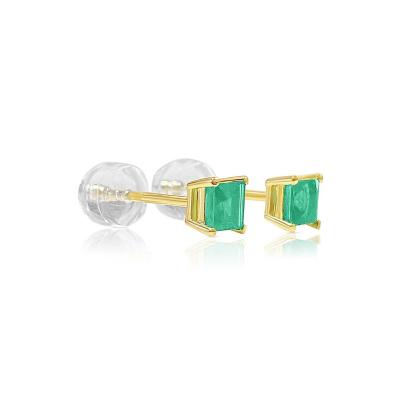 3mm 4mm Colombian Emerald Square Cut Stud Earrings in 18k Yellow Gold